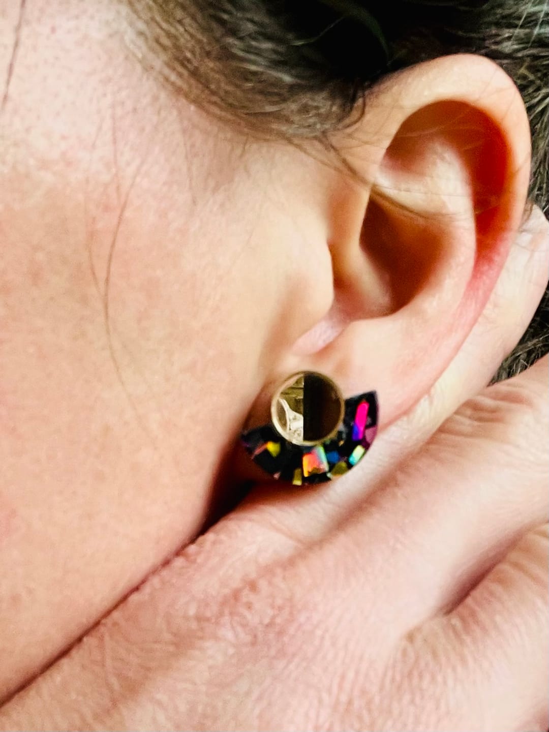 Customer photo review of Minimalist Studs - Rainbow Flakes