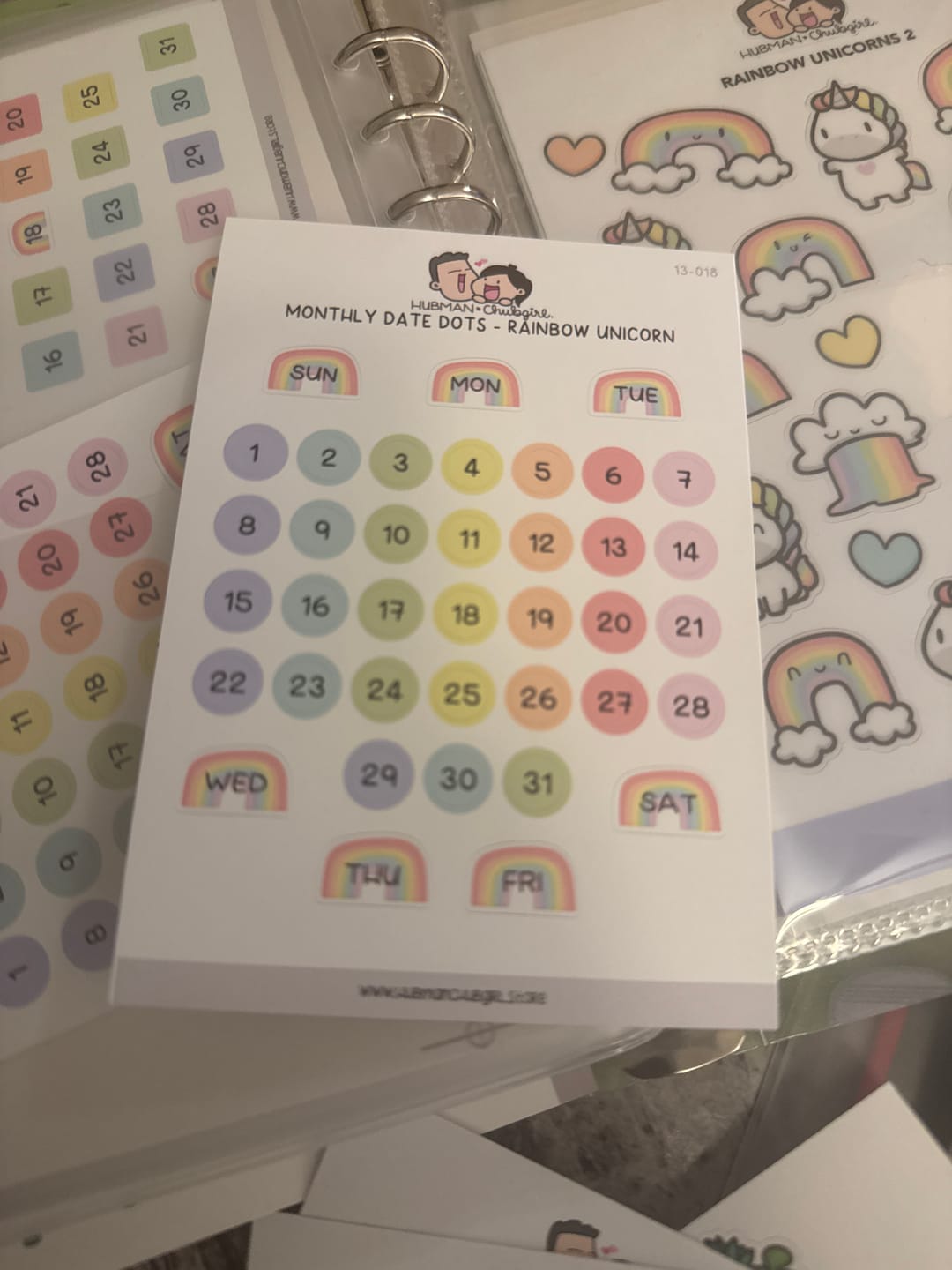 Customer photo review of Monthly Date Dots - Rainbow Unicorn Planner Stickers