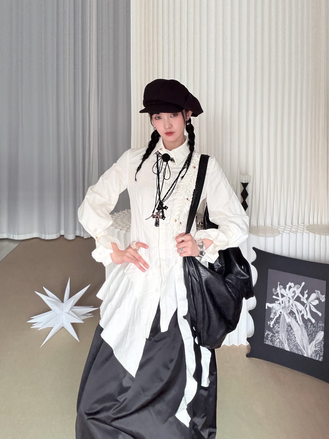 Customer photo review of DOINDULGE Asymmetric Ruched High-Neck Shirt with Sculptural Draped Panels