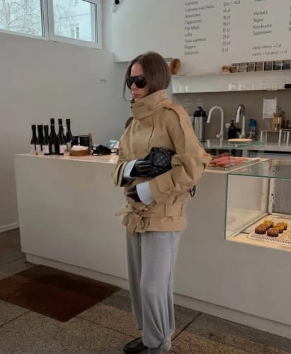 Customer photo review of Phoebe Lace Up Cropped Trench Coat