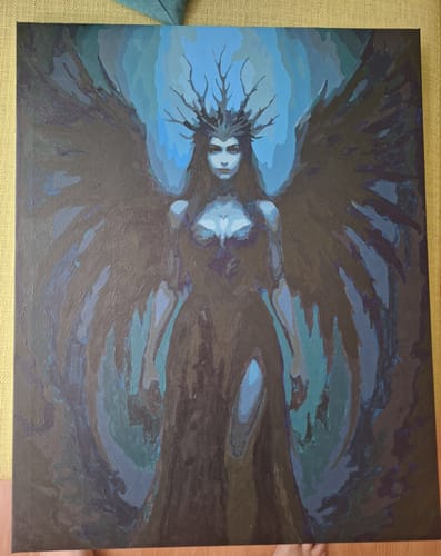 Reviewer's completed painting from a Custom Paint by Numbers Kit, showing a winged woman in dark hues.