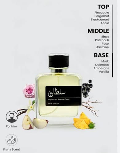 Reviewer's image of the Sultan perfume bottle, surrounded by visuals of its fruity and floral fragrance notes.