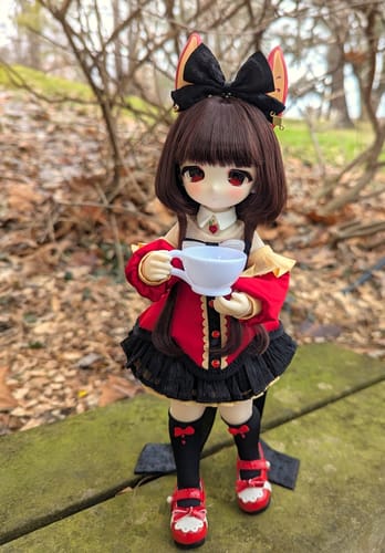 Customer's TinyFox 'Ringo' action figure in a red and black dress, posed outdoors holding a small teacup.