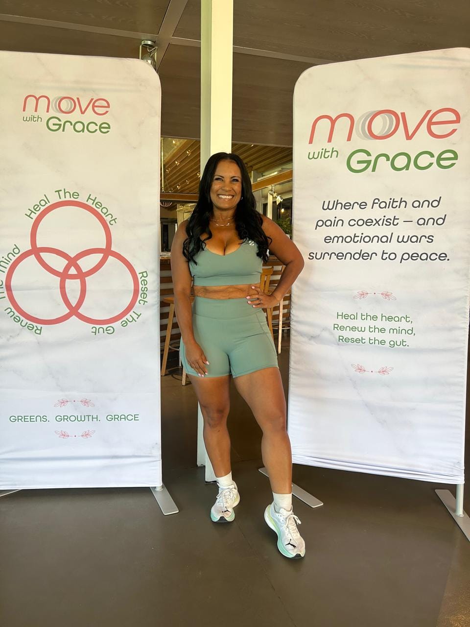 Customer photo review of Adjustable Bra & Tummy Control Shorts Seamless Green Gym Set
