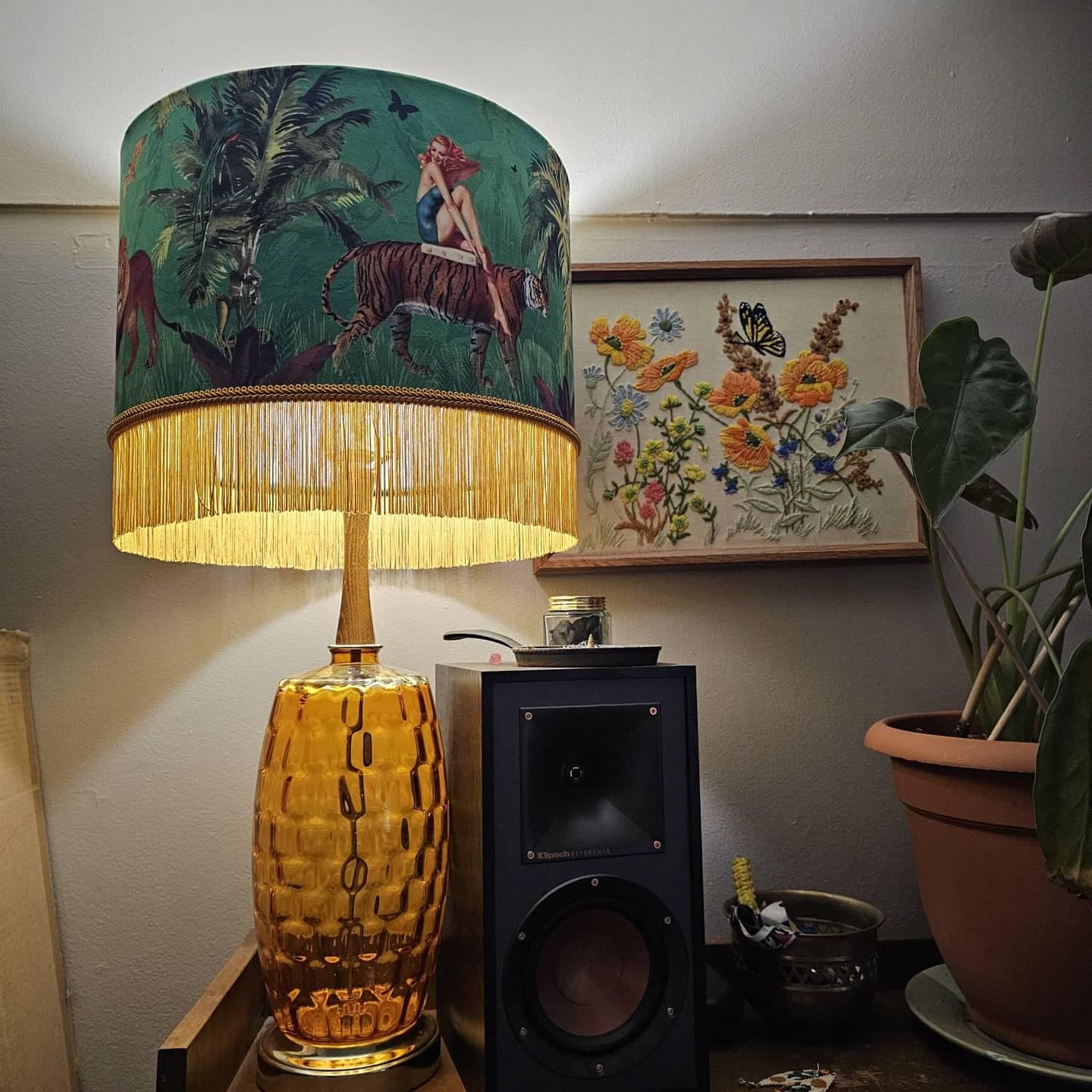 Customer photo review of Queen K Jungle Walk Green Tassel Fringed Drum Lampshade
