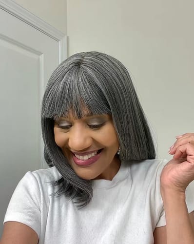 Customer photo review of Luvwin Salt And Pepper Full Machine Made Bang Wig With Small Lace