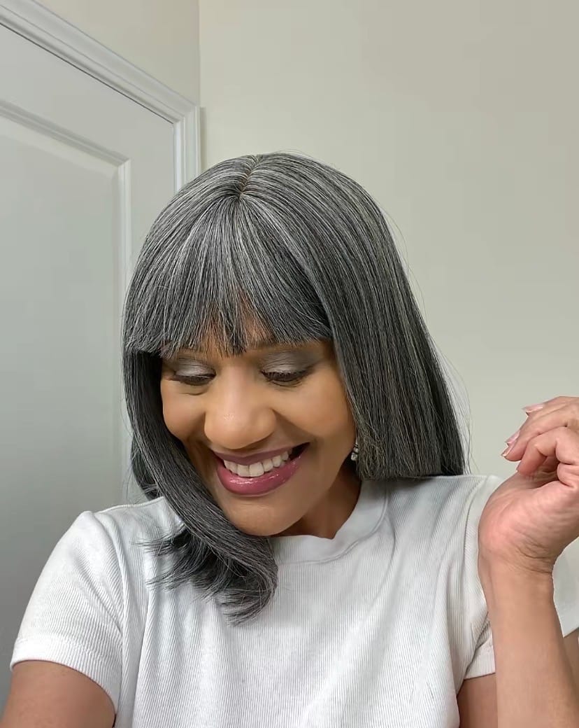Customer photo review of Luvwin Salt And Pepper Full Machine Made Bang Wig With Small Lace