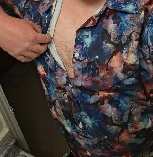 Customer photo review of Galaxy Dragons Purple Long Sleeve Button Up Shirt