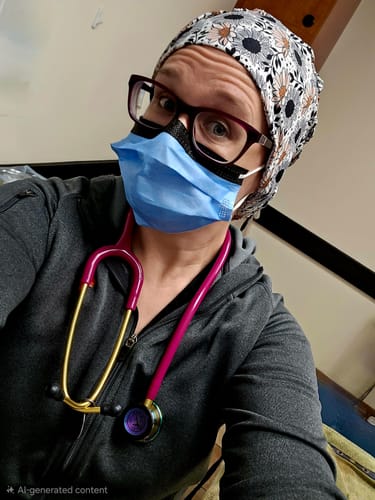Customer wearing the DuoStyle Scrub Hat with a black sunflower print, worn in a slouchy style.