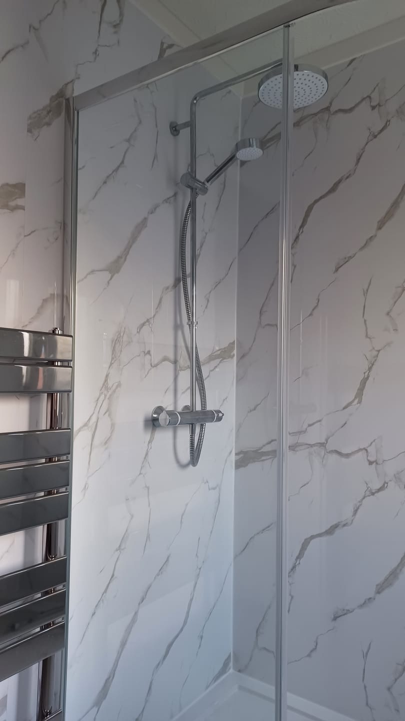 Customer photo review of Premium Carrara White Marble Gloss Shower Wall Panel – 1M x 2.4M