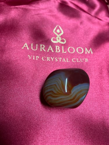 Reviewer's polished red agate stone from the VIP Crystal Club sitting on its pink branded pouch.