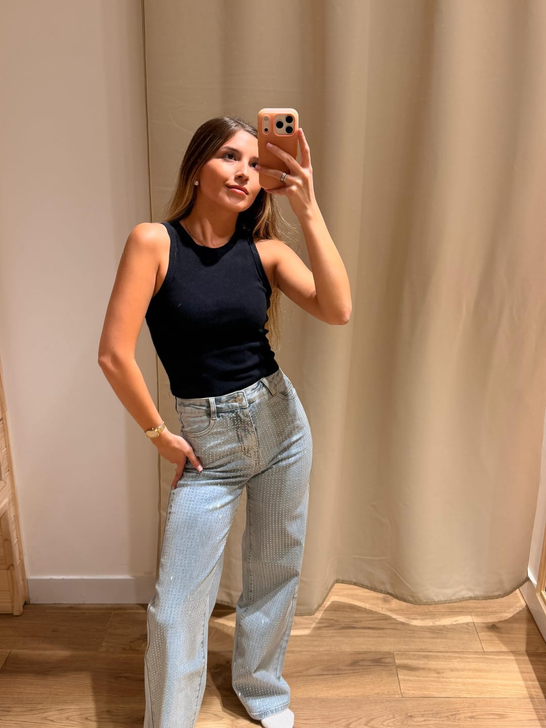 Customer photo review of Pantalón Wide Leg Strass Light Blue