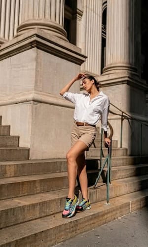 Reviewer standing on outdoor steps wearing colorful, stylish Ortho Expert shoes.
