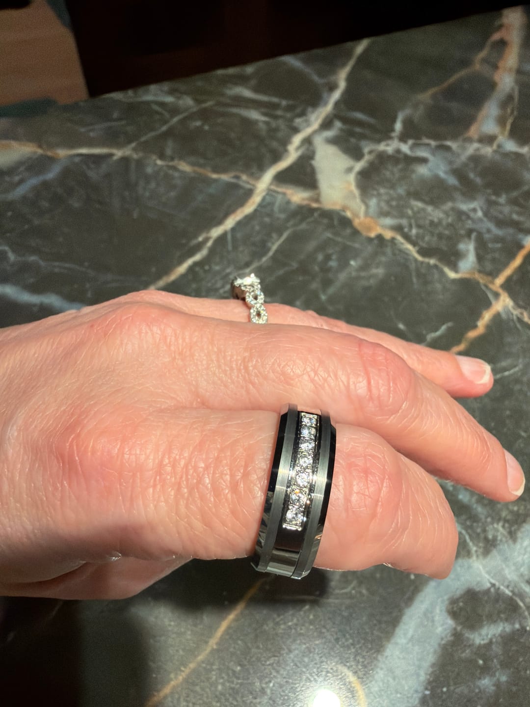 Customer photo review of 8mm - Silver Tungsten Wedding Band W/ 7 CZ Diamond Inlay High Polish