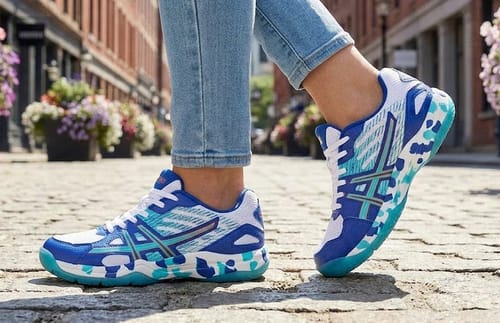 A customer walks in blue and white Ortho Expert shoes on a cobblestone street, showing the shoe's profile and sole.