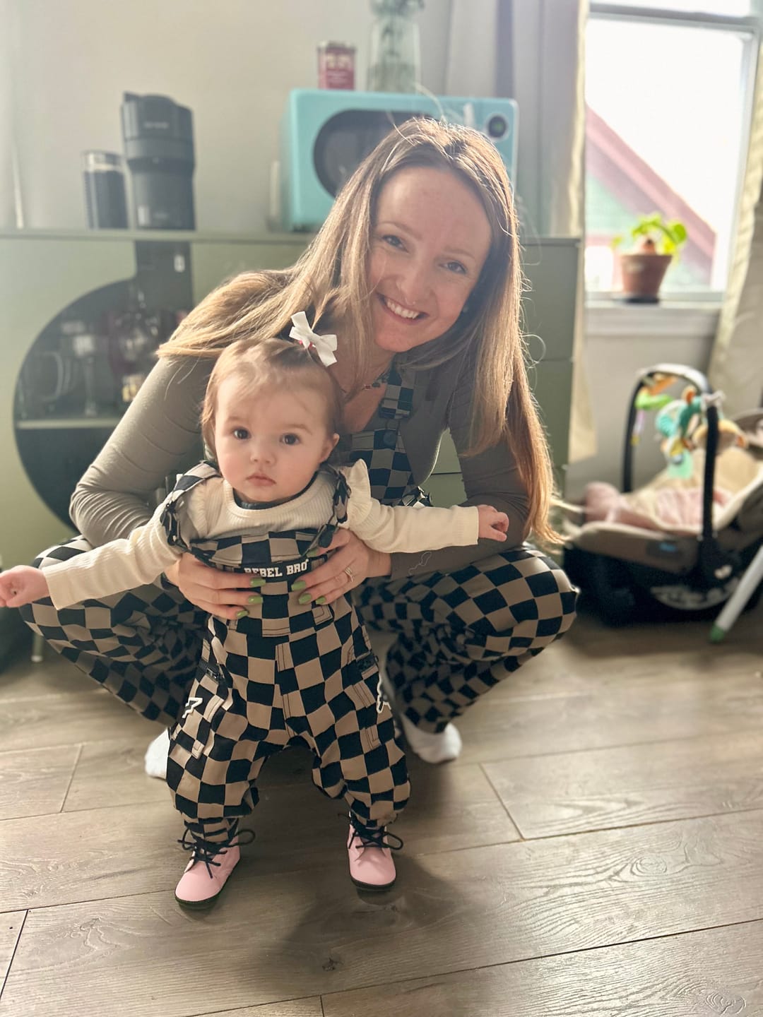 Customer photo review of Women's Overall in Checkered Black + Taupe (PREORDER)