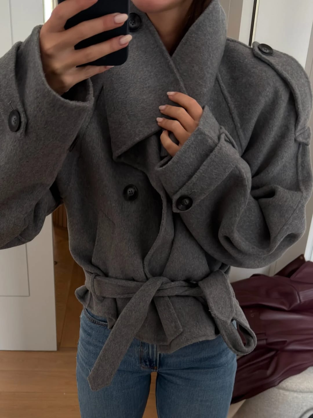 Customer photo review of Debbie Stand Collar Short Trench Coat