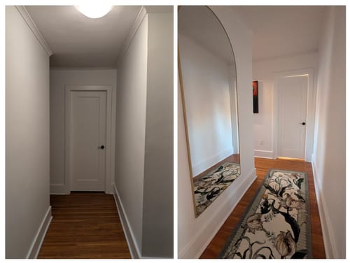 Customer's before-and-after image showing the Gold Full Length Arch Mirror making a narrow hallway appear wider and more open.