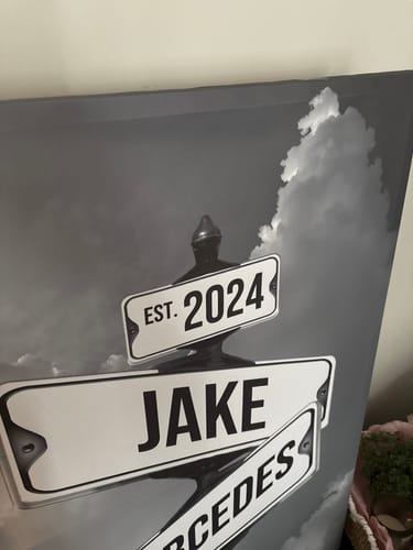 Customer's personalized black-and-white canvas with street signs showing the names Jake, Mercedes, and the year 2024.