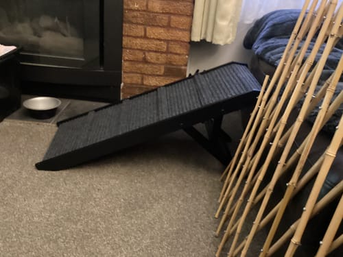 Customer's black Adjustable Height Dog Ramp set up on a carpet, with a bamboo fence blocking access to a nearby couch.