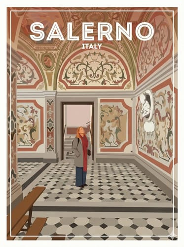 Customer's completed artwork from their custom paint by numbers kit, showing a person in an ornate Italian building.
