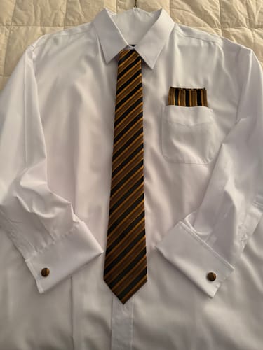 Customer photo review of Black Golden Striped Silk Men's Necktie Pocket Square Cufflinks Set