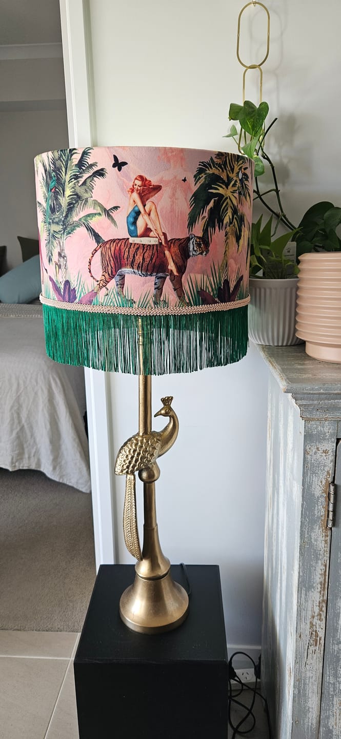 Customer photo review of Queen K Jungle Walk Pink Fringed Drum Lampshade