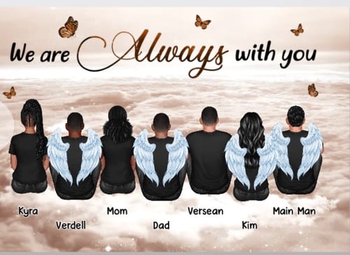Customer's 'Always With You' personalized poster showing a family of seven on clouds. Four of the figures have angel wings.