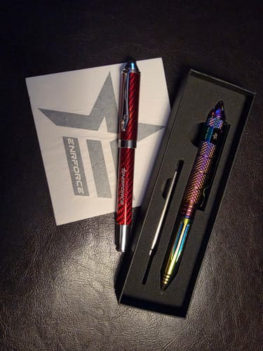 Customer's red tactical item and a multi-colored one in a box, shown with an info card.