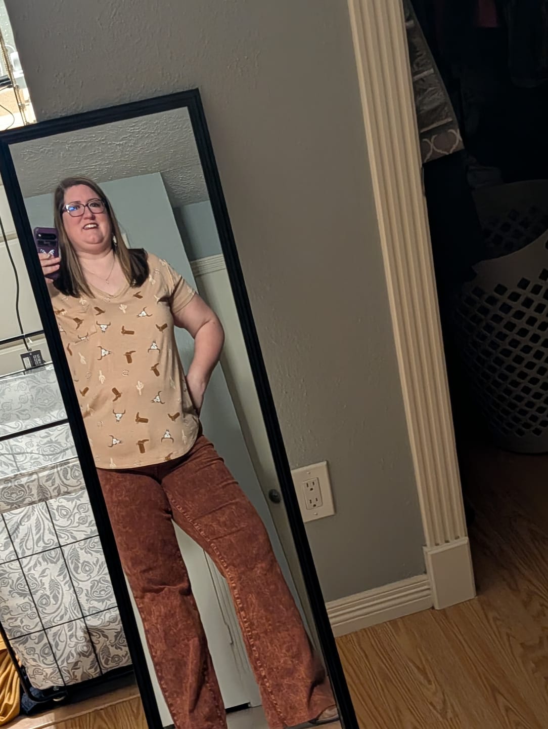 Customer photo review of Judy Blue High Waist Pumpkin Spice Dyed Raw Hem Retro Wide