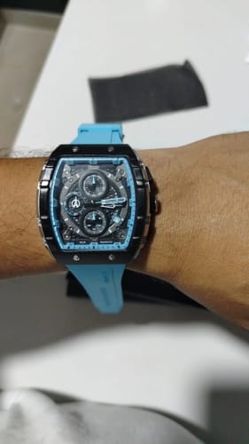 Customer photo review of CURREN Tonneau Dial Sport Watch for Men Fashion Waterproof Quartz Wristwatch with Auto Date Yellow Silicone Strap Luminous