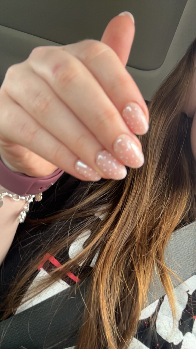 Customer photo review of Sheer Dot – Super Short Almond Shape | Salon Quality Press-on Nails Kit – Nude Polka Dot Nails