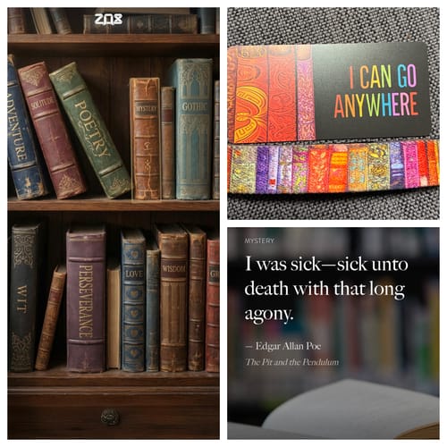 Customer's collage of the I Can Go Anywhere Bracelet, its card, and a bookshelf highlighting the book theme.