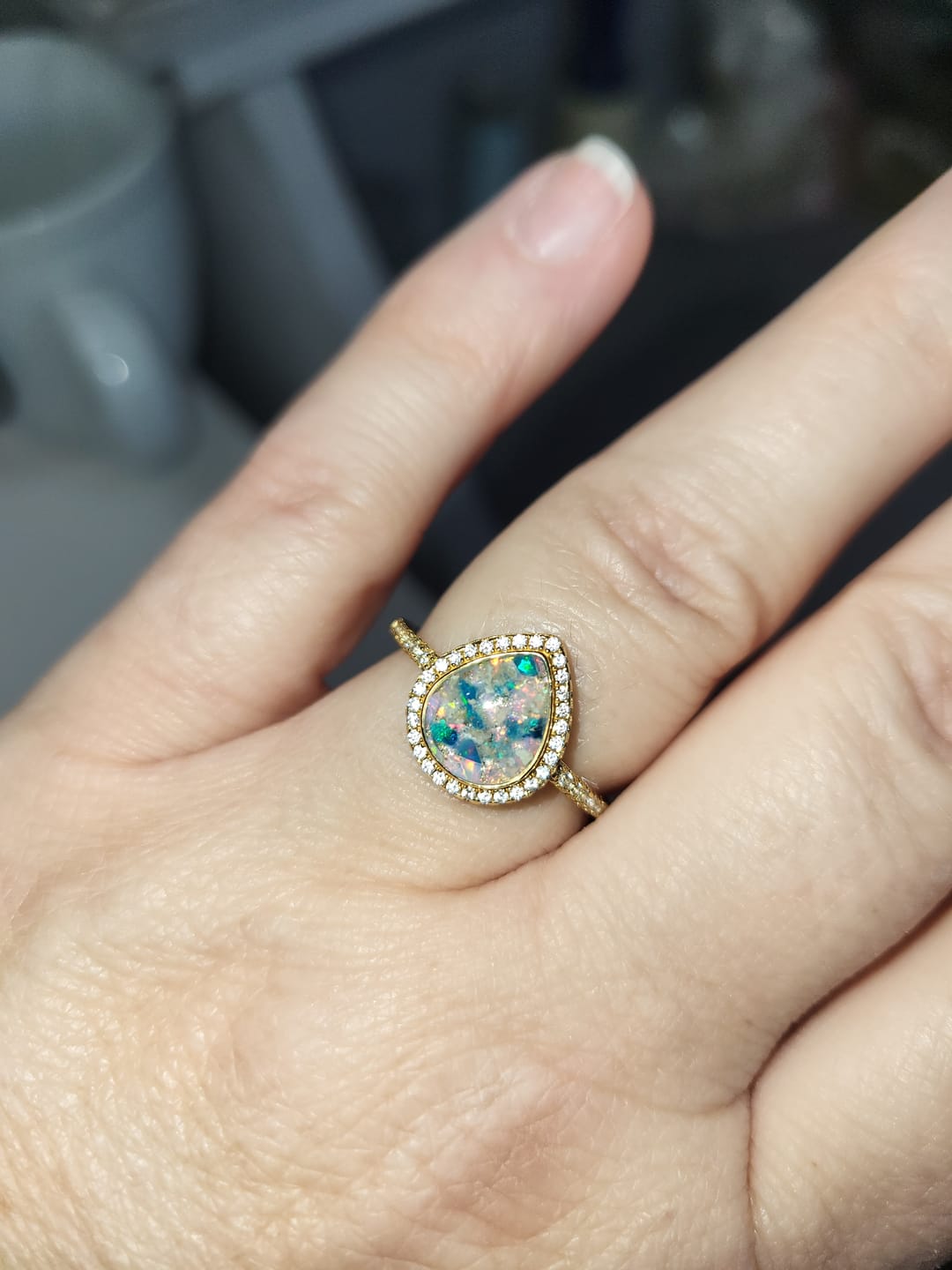 Customer photo review of Bedazzled Pear Opal Ring with Cremation Ashes