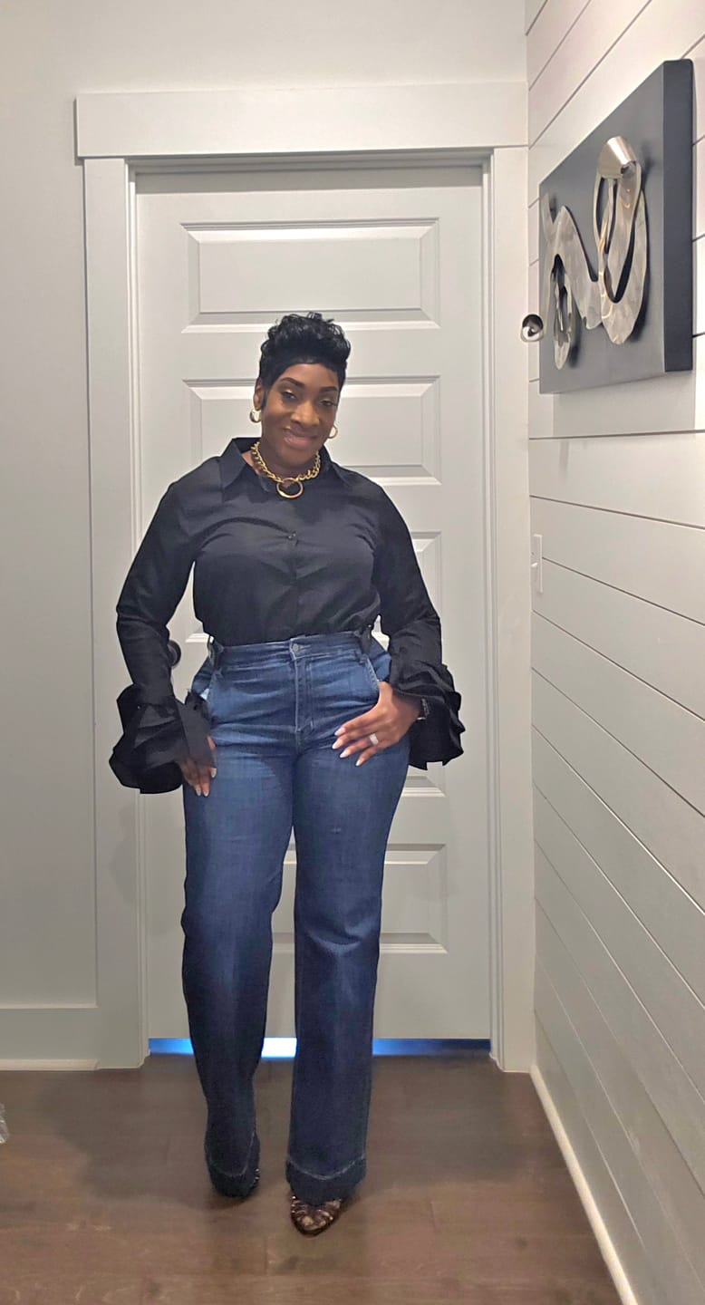 Customer photo review of Flared Sleeves Bow-Embellished Falbala Solid Color Lapel Blouses&Shirts Tops