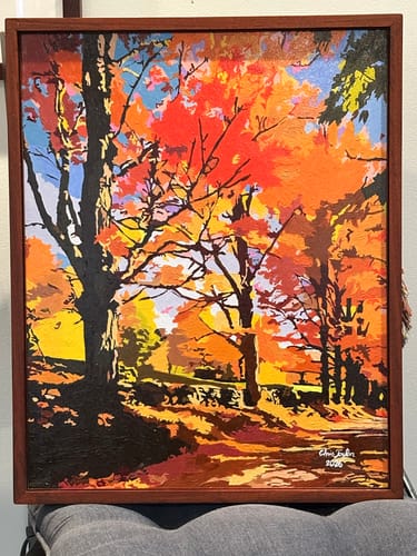 Customer's framed painting from a paint-by-numbers kit, showing a vibrant autumn scene with bright red and orange trees.