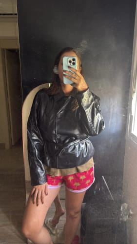 Customer photo review of Alma Faux Leather Short Trench Coat