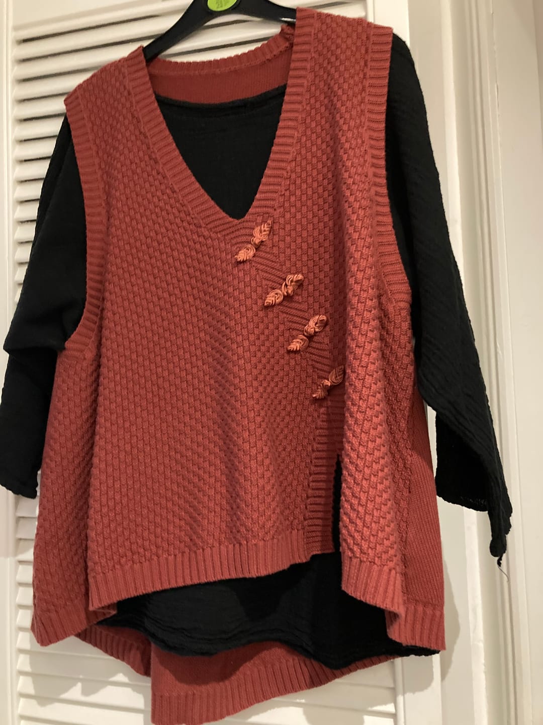 Customer photo review of Artisan Cotton Knitted Vest - Flattering V-Neck Button Sweater Vest with Asymmetric Hem | Plus Size