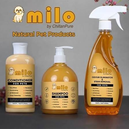 Customer's Milo Pet Conditioner shown with the matching shampoo and odour eliminator spray from the same product line.