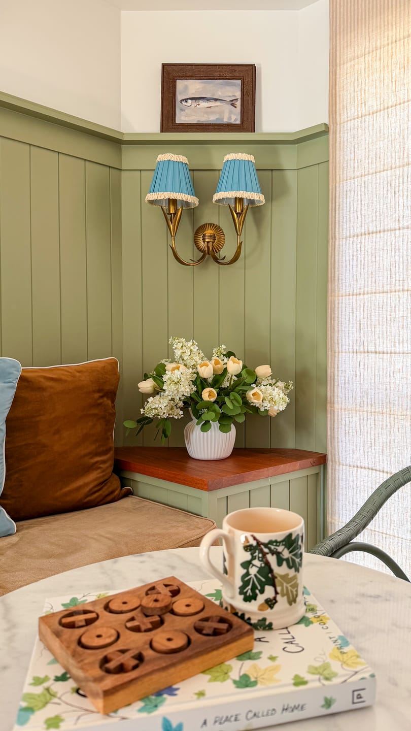 Customer photo review of Audrey Sky Blue and Cream Ruffle Shade and La Fleur Antique Gold Wall Sconce