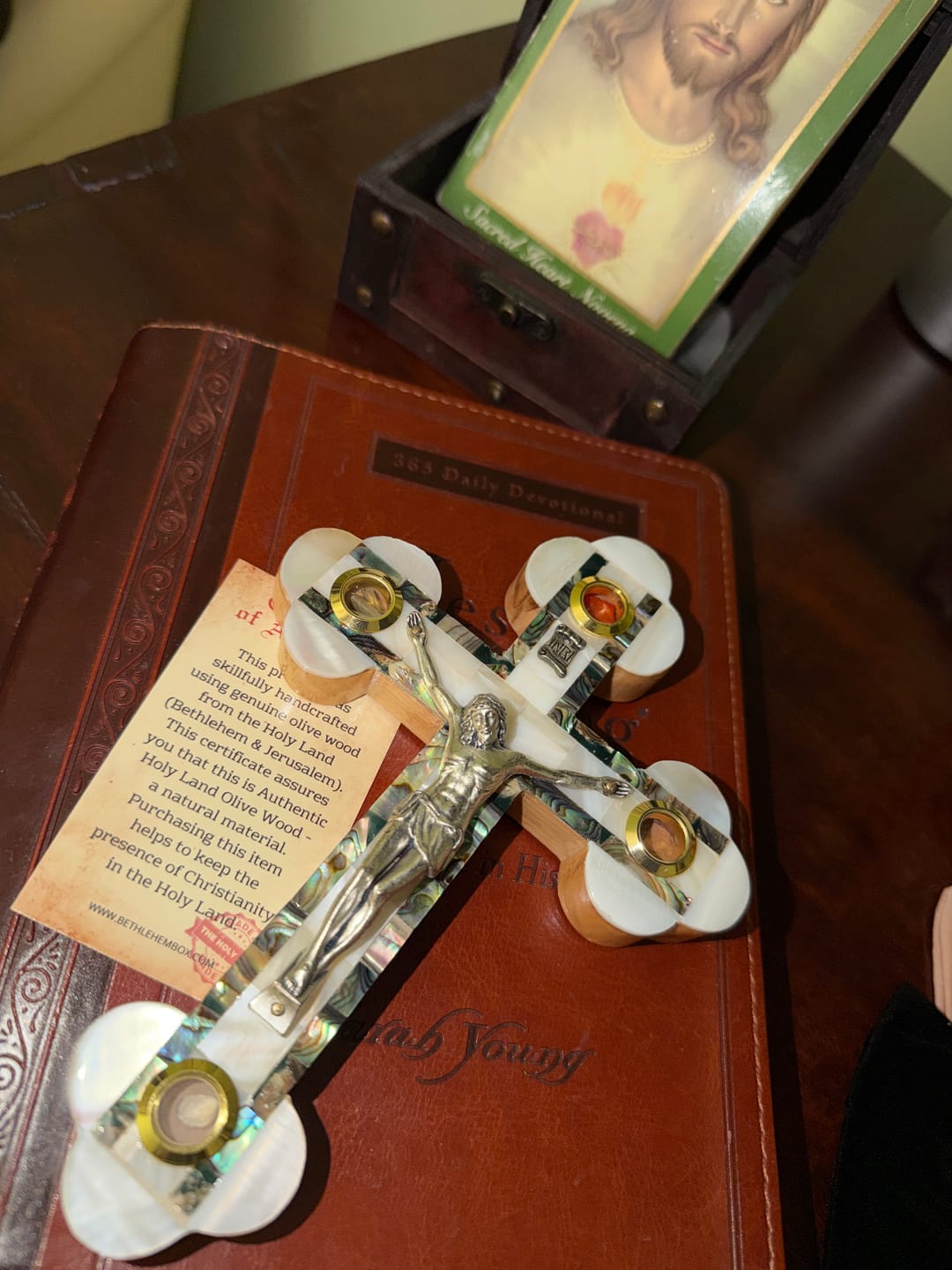 Customer photo review of Olive Wood Crucifix (Fully covered with Mother of Pearl) - Holy Land Crucifixes