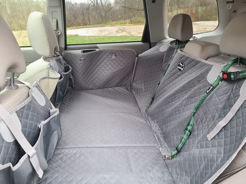 Customer's gray, quilted Hammock Cover installed across the entire back seat of their Subaru Forester.