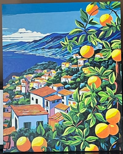 Customer's completed Citrus Coast paint by numbers canvas, a vibrant scene of a coastal village and a large orange tree.