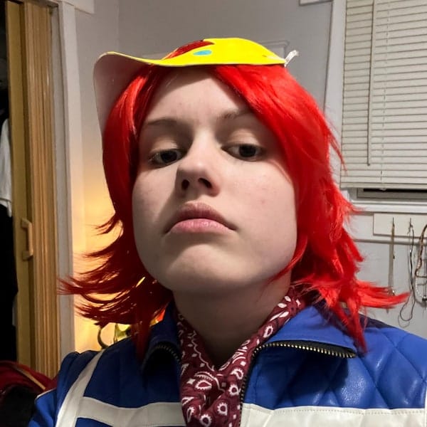 Customer photo review of Men Unisex Red Short Straight Long Fringe Bangs Cosplay Wig