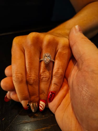 Customer photo review of Louily Halo Pear Cut Engagement Ring In Sterling Silver