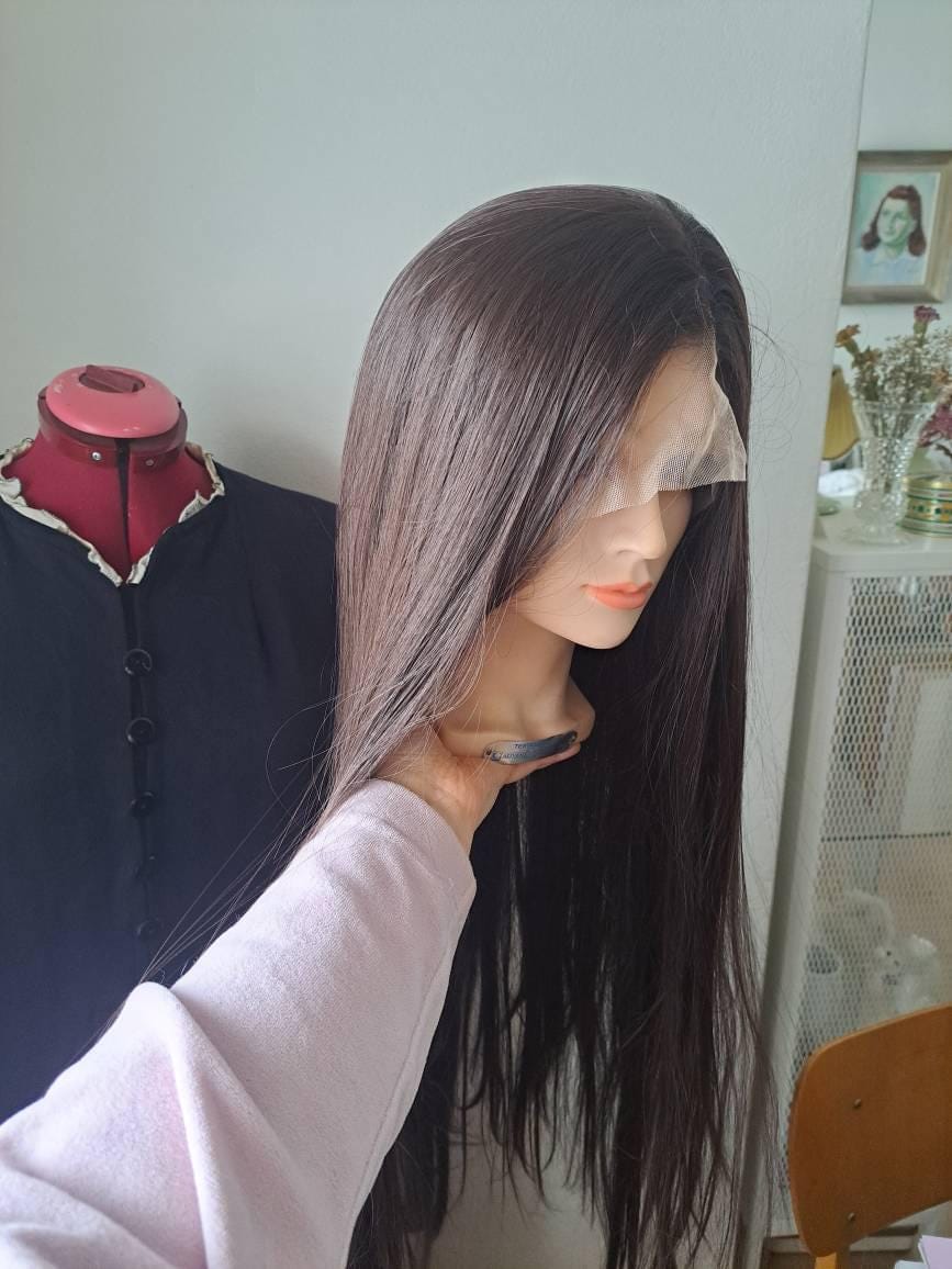 Customer photo review of Women Dark Brown Lace Front Wig Long Straight Widows Peak Hairline Slicked Hair