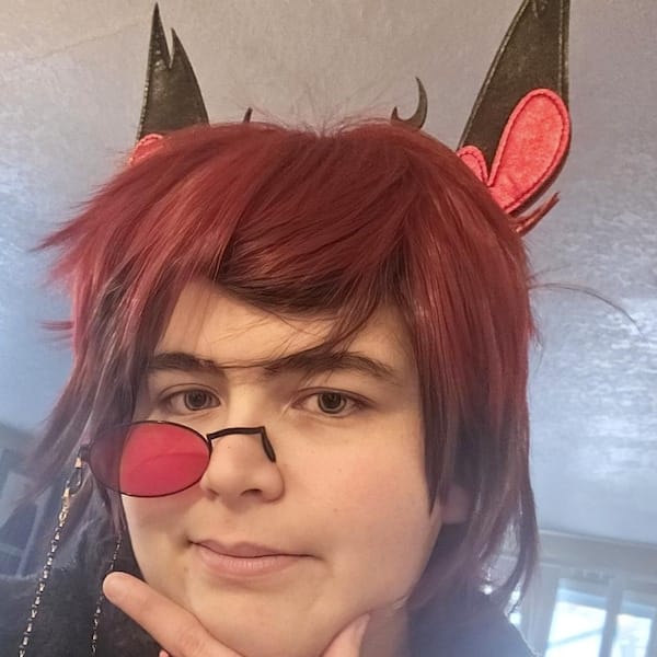 Customer photo review of Men Red Black Two Tone Short Straight Fringe Bangs Cosplay Wig