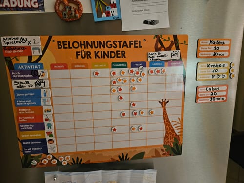 Rezensent zeigt die benutzte Belohnungstafel® für Kinder an einem Kühlschrank, die mit Aufgaben und Sternen gefüllt ist.