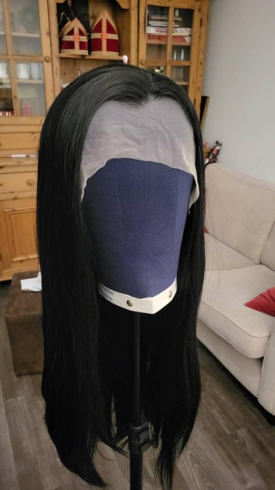 Customer photo review of Women Black Lace Front Long Straight Widow's Peak Hairline Slicked Back Hair Wig