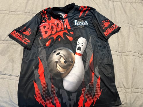 Customer photo review of Maxcorners Bowling Shirt Boom Cartoon Impact Style Multicolor Options Personalized Name, Team Name 3D Shirt (4 Colors)